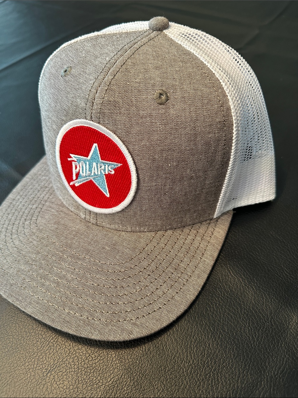 Polaris Gray and White Trucker Hat with Red Patch